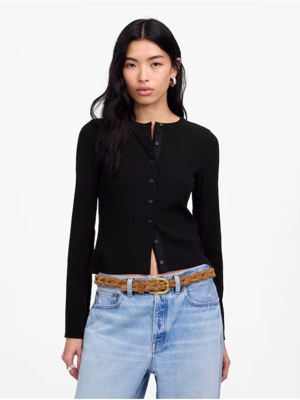 Madewell Black Flared Sleeve Ribbed Cardigan